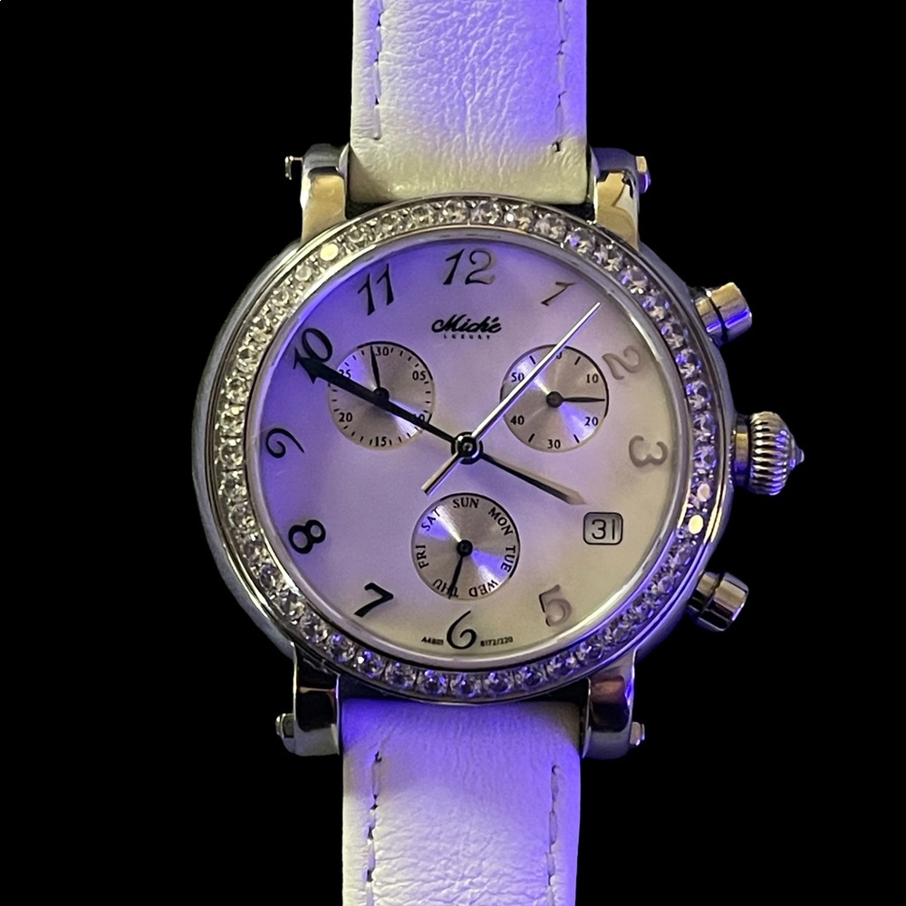 Beautiful Leather Mich’e  Watch, Set with Genuine Swarovski Crystals in White